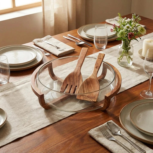 Vetro Glass Serving Bowl With Wooden Stand and Spoons Homelves