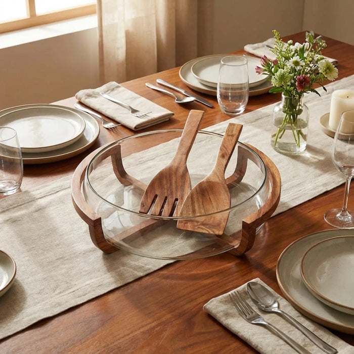 Vetro Glass Serving Bowl With Wooden Stand and Spoons