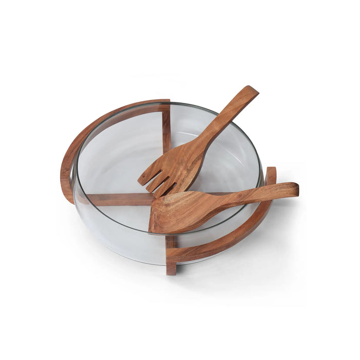 Vetro Glass Serving Bowl With Wooden Stand and Spoons
