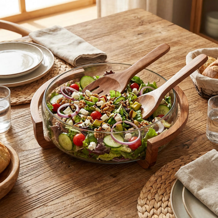Vetro Glass Serving Bowl With Wooden Stand and Spoons