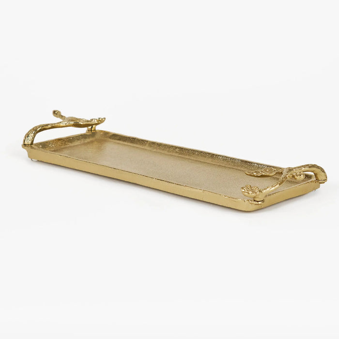 Ziah Rectangle Metal Tray With Ornate Handles, Gold