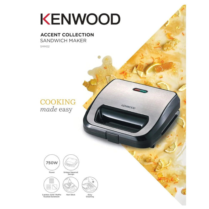 Kenwood 3-in-1 Sandwich Maker | Waffle Maker & Grill | 3 Sets of Non-Stick Multifunctional Plates | Grilling | Toasted Sandwiches and Waffles | Black | SMM02.000SI