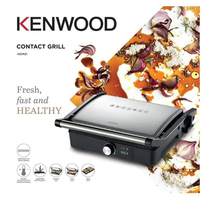 Kenwood Contact Grill | 2000W | Health Grill Panini Press with Variable Temperature | 3 Grill Positions for Panini - Burger - Sandwich - Pizza - Steak - Chicken - Fish - Vegetables | Black & Silver | HGM31.000SI