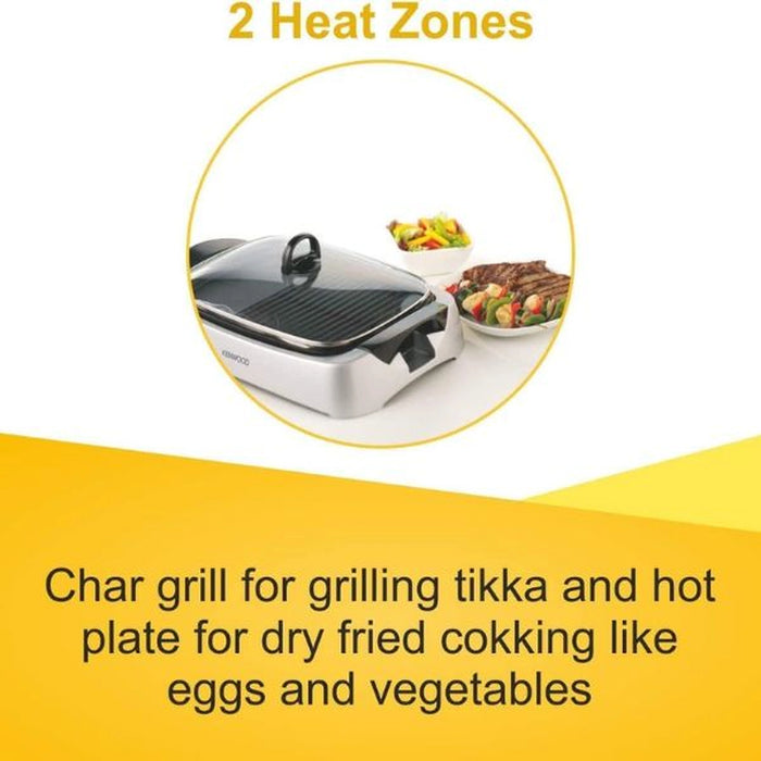 Kenwood Grill 2000W Contact Health Grill Large Family Sized Griddle with Glass Lid| Variable Temperature Control| Cool Touch Handles - Ideal for Steak| Chicken, Fish| Vegetables HG266 Silver/Black