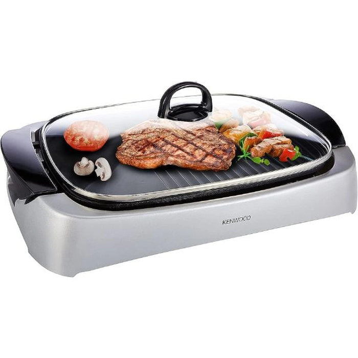 Kenwood Grill 2000W Contact Health Grill Large Family Sized Griddle with Glass Lid| Variable Temperature Control| Cool Touch Handles - Ideal for Steak| Chicken, Fish| Vegetables HG266 Silver/Black