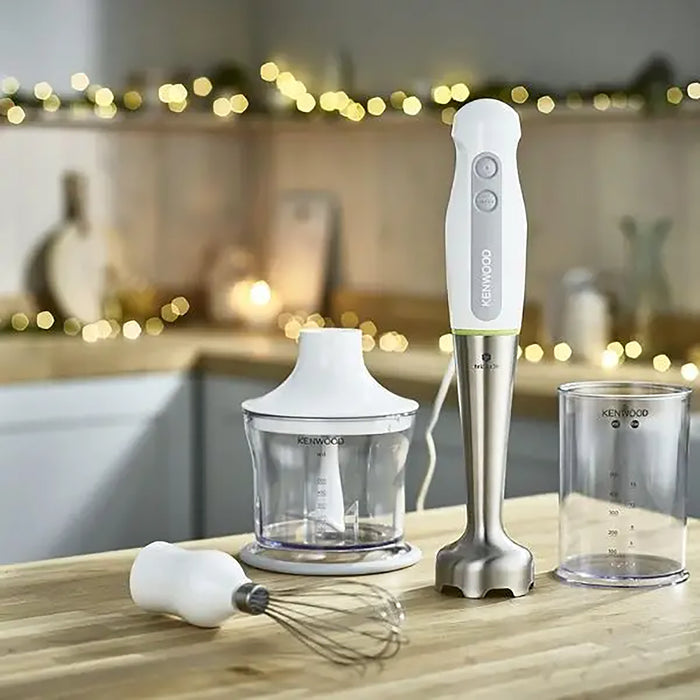 Kenwood Hand Blender 600W with 500ml Chopper| 500ml Beaker| Whisk| Stainless Steel Wand| Triblade Technology HDP109WG White