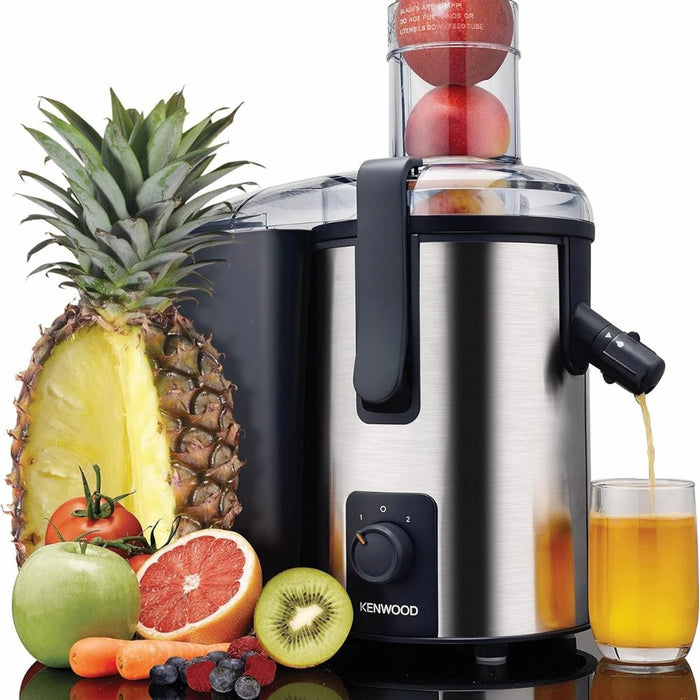 Kenwood Juice Extractor | 75mm Wide Feed Tube | 2 Speed | Transparent Juice Jug | Pulp Container | Silver/Black | JEM50.000BS