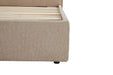 Beige upholstered bed frame with wooden slats on a white background