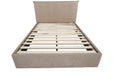 Beige upholstered bed frame with wooden slats on a white background