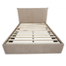 Beige upholstered bed frame with wooden slats on a white background