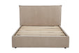 Beige upholstered bed with slatted base on a white background