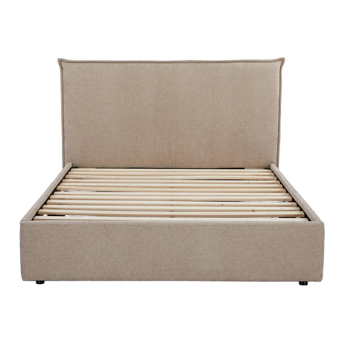 Beige upholstered bed with slatted base on a white background