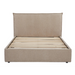 Beige upholstered bed with slatted base on a white background