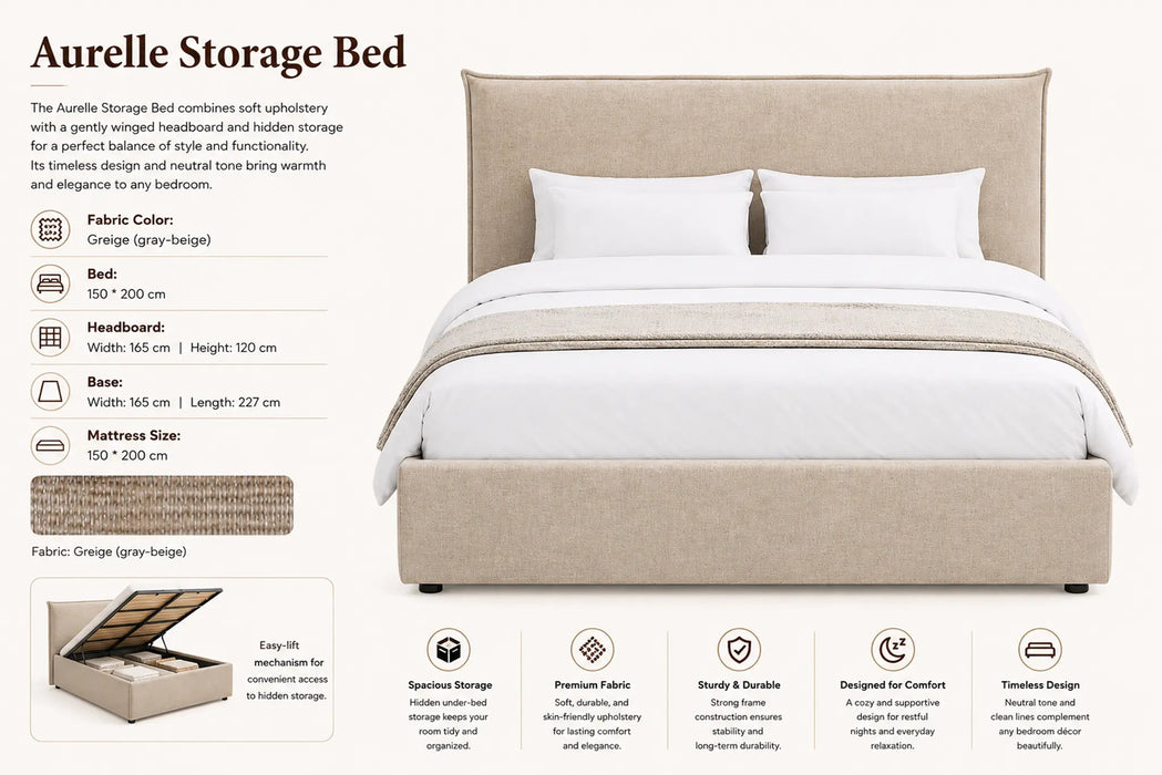 Aurelle Storage Bed with beige upholstered headboard and white bedding, featuring product details on a white background.