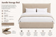 Aurelle Storage Bed with beige upholstered headboard and white bedding, featuring product details on a white background.