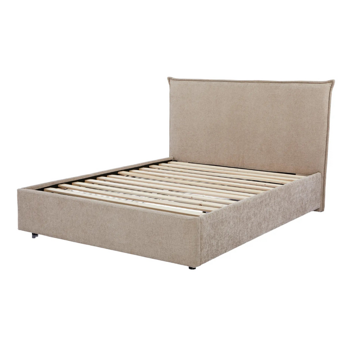 Beige upholstered bed with headboard on a white background