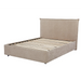 Beige upholstered bed with headboard on a white background
