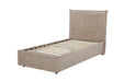 Beige upholstered bed with headboard on a white background