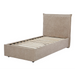 Beige upholstered bed with headboard on a white background