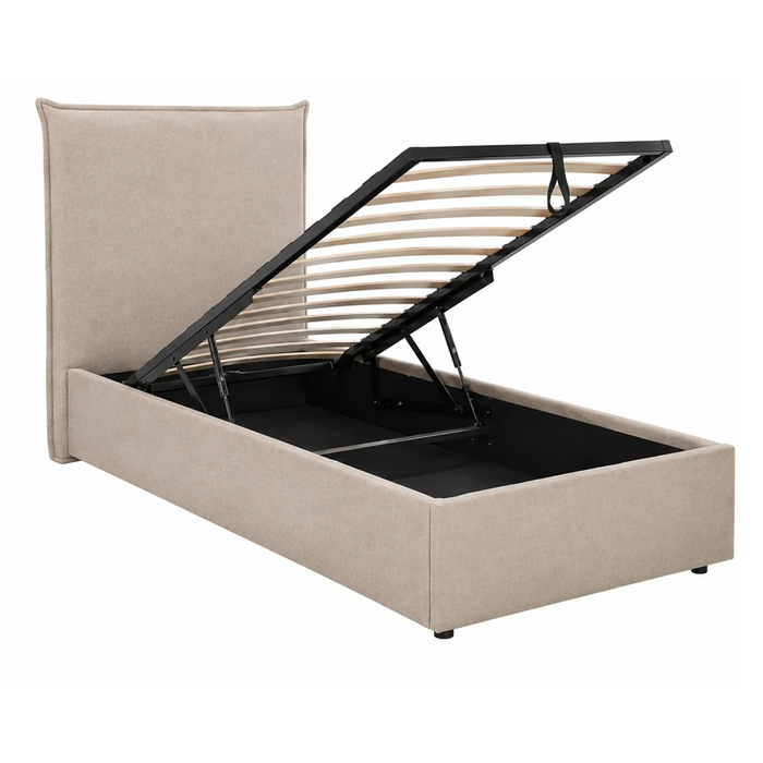 Beige upholstered bed with open storage compartment on a white background