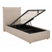 Beige upholstered bed with open storage compartment on a white background