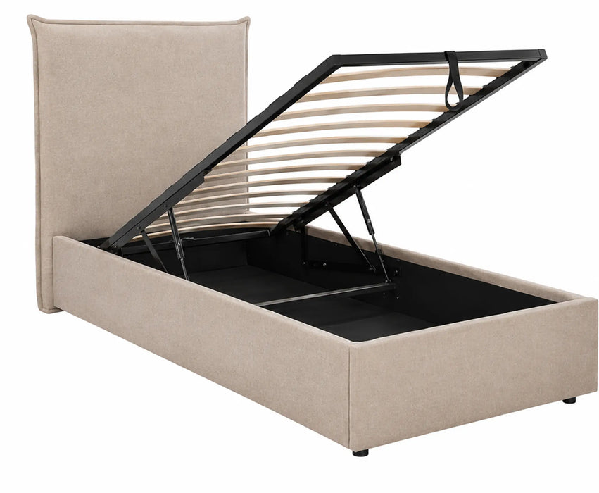 Beige upholstered bed with open storage compartment on a white background
