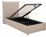 Beige upholstered bed with open storage compartment on a white background