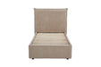 Beige upholstered bed frame on a white background