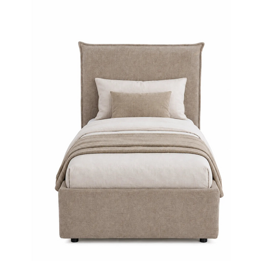 Beige upholstered bed with white bedding and pillows on a white background