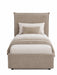 Beige upholstered bed with white bedding and pillows on a white background