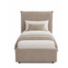 Beige upholstered bed with white bedding and pillows on a white background