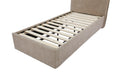Beige upholstered bed frame with wooden slats on a white background