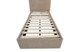 Beige upholstered bed frame with wooden slats on a white background