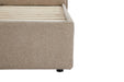 Beige upholstered bed frame with wooden slats on a white background