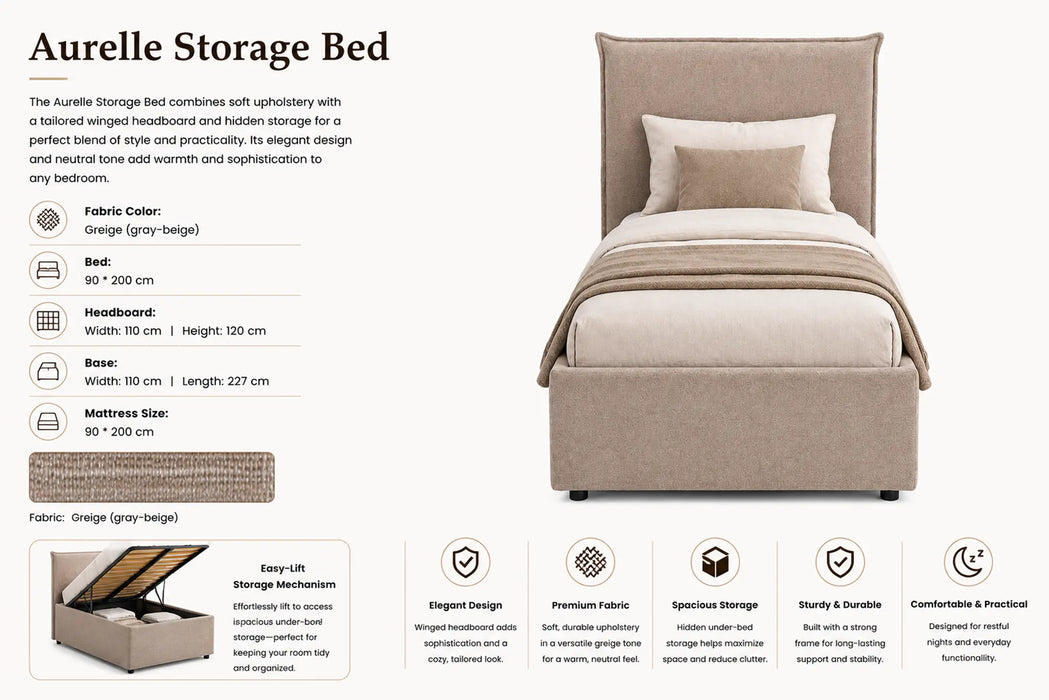 Aurelle Storage Bed with specifications on a white background
