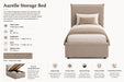 Aurelle Storage Bed with specifications on a white background