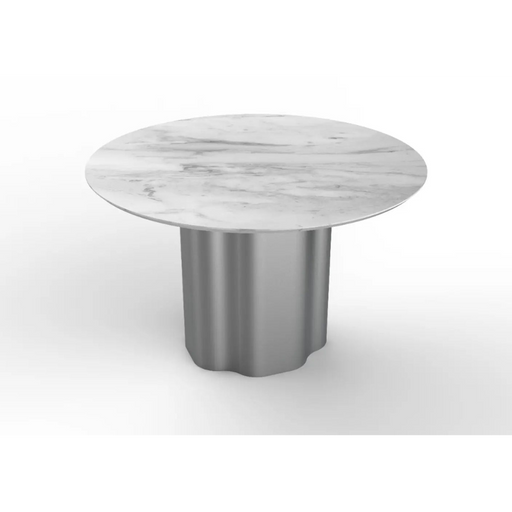 Round marble table with a metal base on a white background