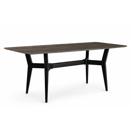Dining table with dark brown top and black legs on a white background