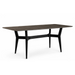 Dining table with dark brown top and black legs on a white background