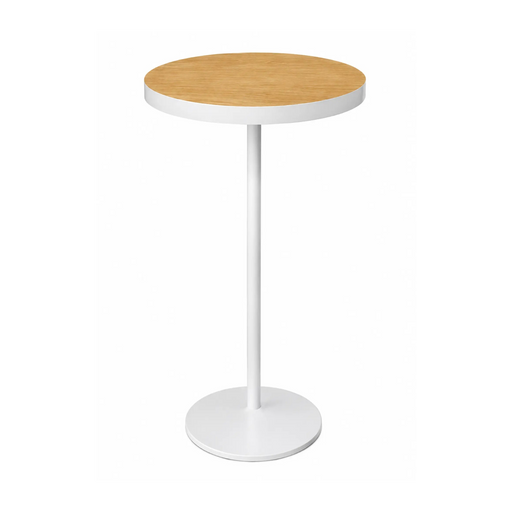 Small round table with wooden top and white base on a white background