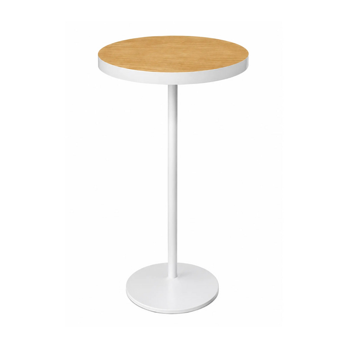 Small round table with wooden top and white base on a white background