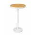 Small round table with wooden top and white base on a white background