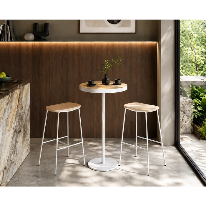 Two stools and a small round table in a modern interior setting with a wooden wall and large window.