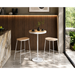 Two stools and a small round table in a modern interior setting with a wooden wall and large window.