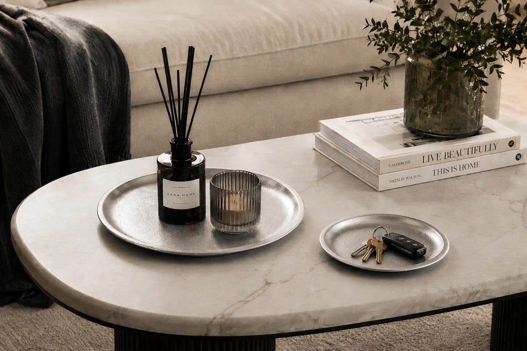 Decorative Round  Metal Tray - Silver Kiana