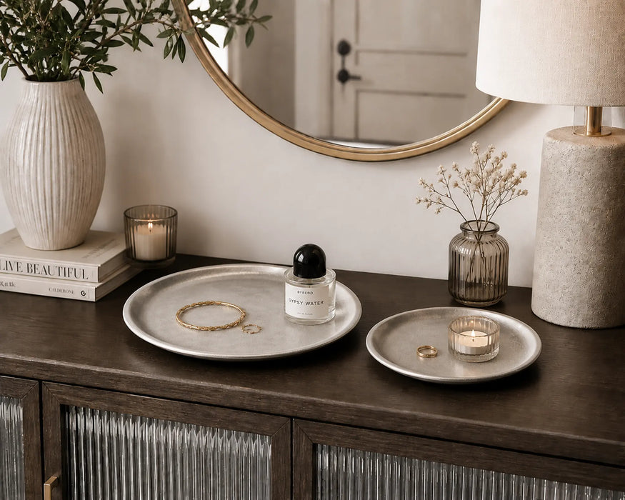 Decorative Round  Metal Tray - Silver Kiana