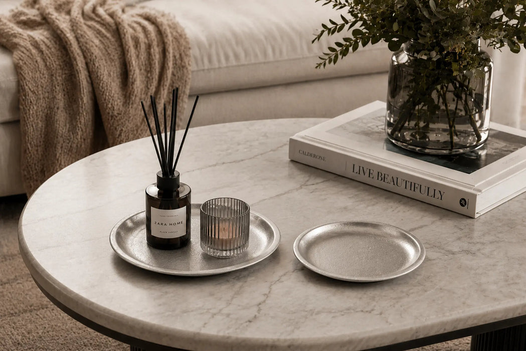 Decorative Round  Metal Tray - Silver Kiana