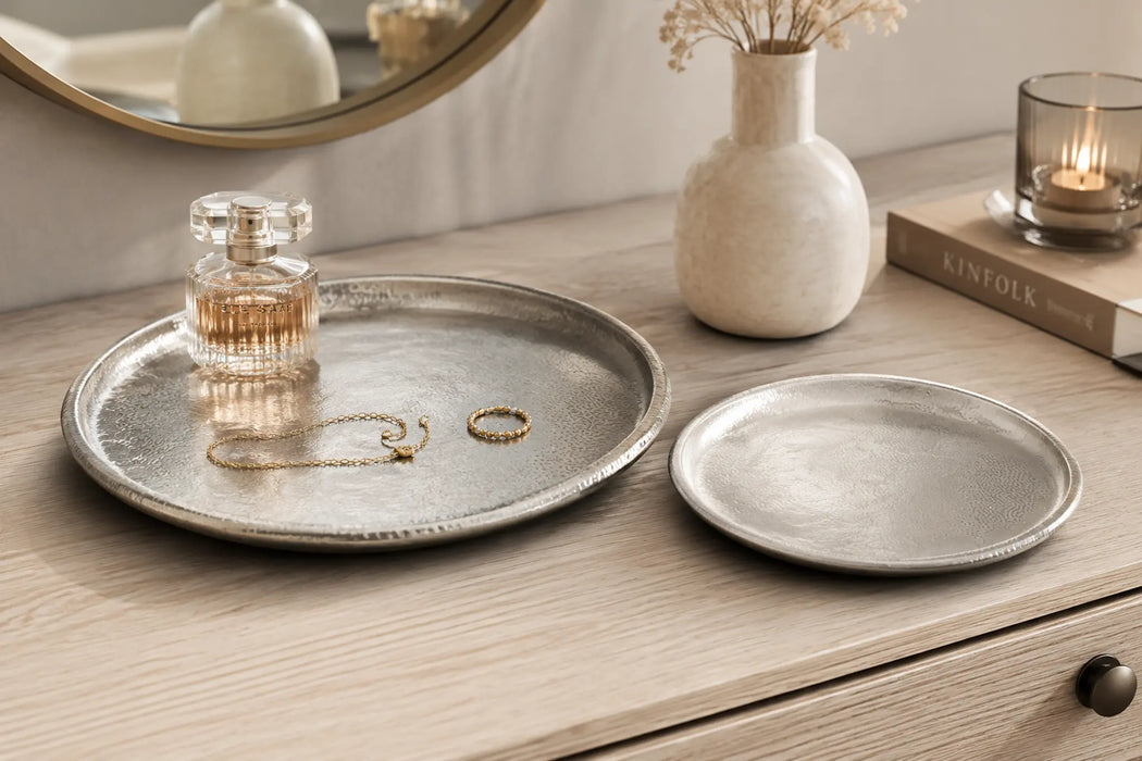 Decorative Round  Metal Tray - Silver Kiana