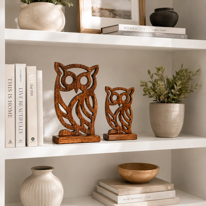 Decorative Wooden Owl  Set - Brown Kiana