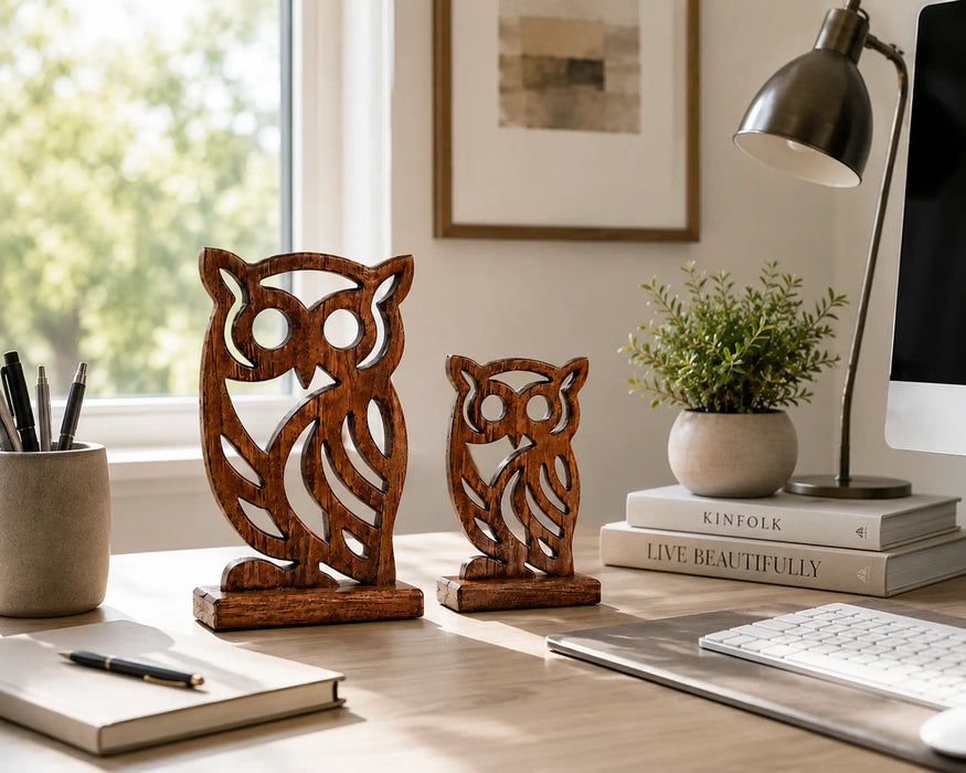 Decorative Wooden Owl  Set - Brown Kiana